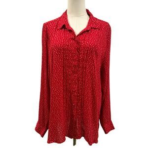 Lucky Brand Red White Dot Long Sleeve Blouse Women Large Lightweight Office Work
